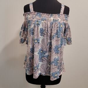 MELLODAY Women’s L Boho Floral Cold Shoulder Top Pastel Cottagecore EUC
